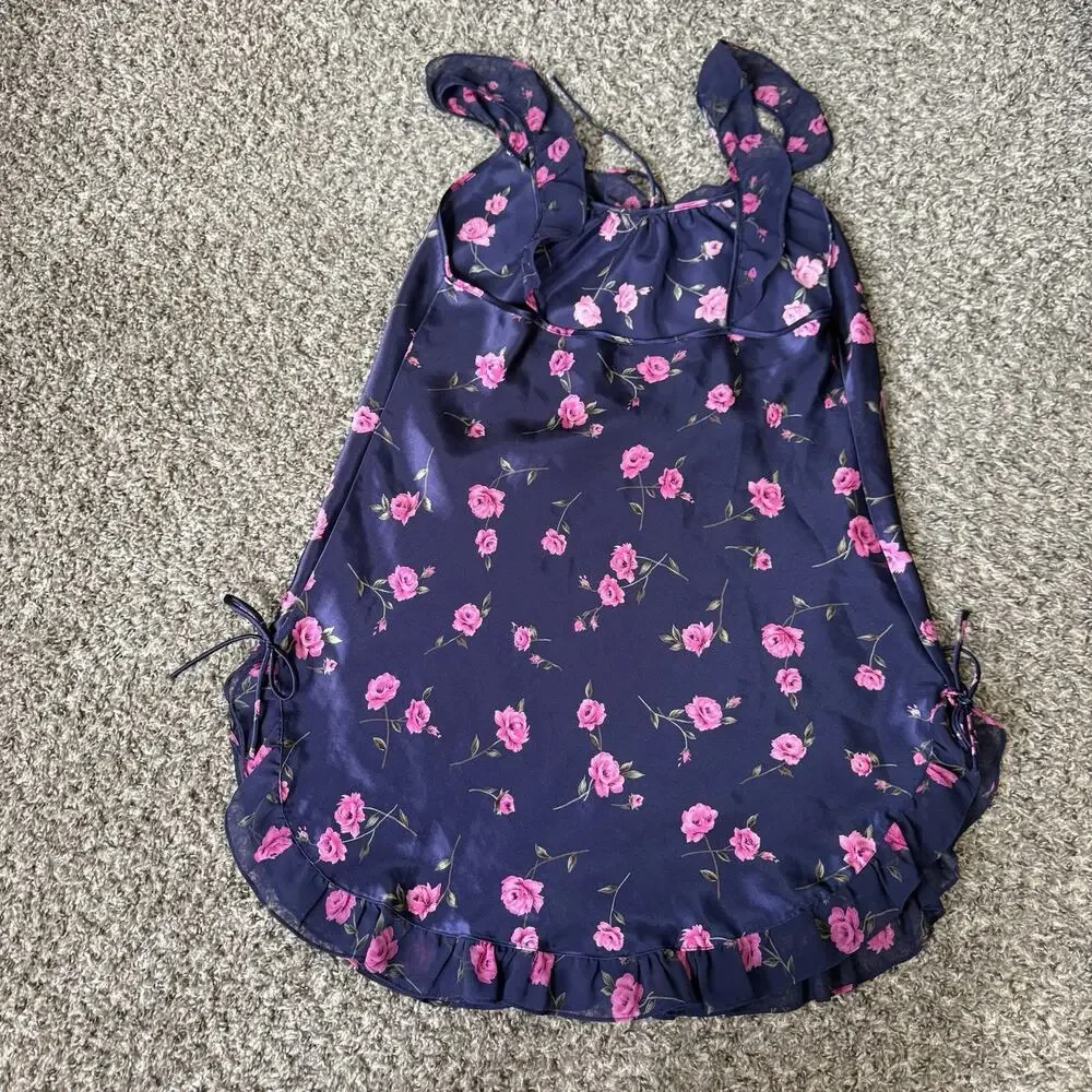 VTG Cinema Etoile Blue Pink Floral Satin Babydoll Lingerie Slip Dress Y2K 90s M